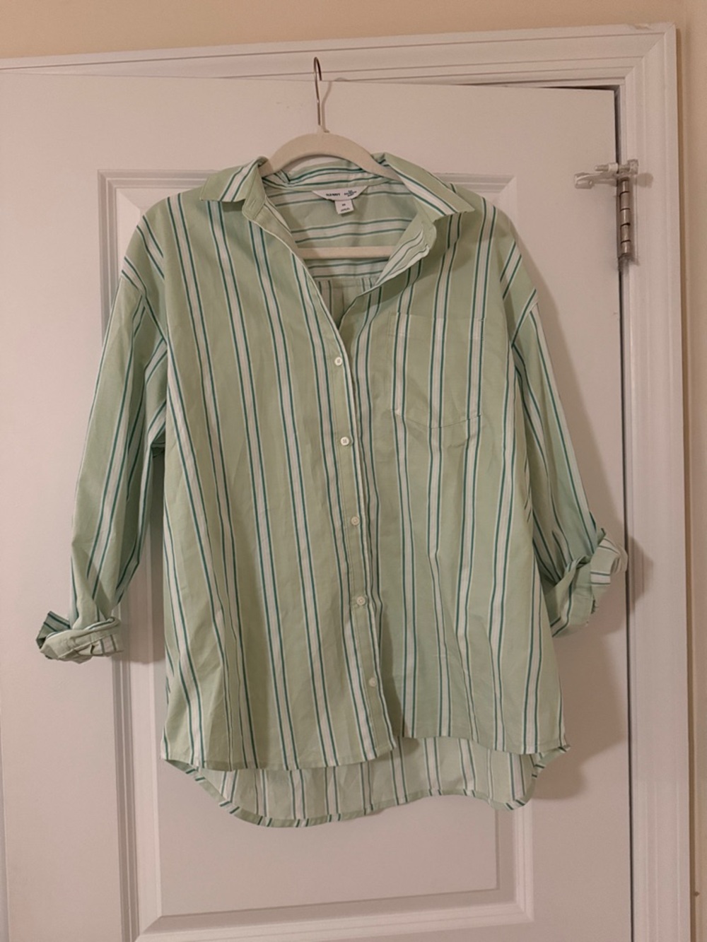Old navy green striped 100% cotton the boyfriend shirt sz xs oversized